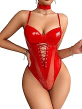 Kaei&Shi Rave Outfits Bodysuit Tops, Fishnet Corset Body Suit, Sexy Lingerie For Women, Faux Leather Festival Goth