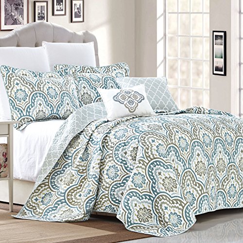 Serenta Tivoli Ikat Design 5 Piece Teal Aqua Printed Prewashed Quilted Coverlet Bed