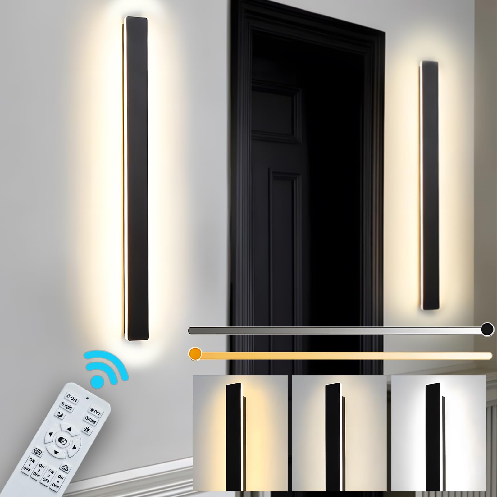 Aplique Pared Interior Regulable,60CM/22W Lampara LED Moderna | con Control Remoto Regulable 10%-100%,3000K-6000K, para Sala de Estar Pasillo Escaleras Dormitorio,Negro 110-240V