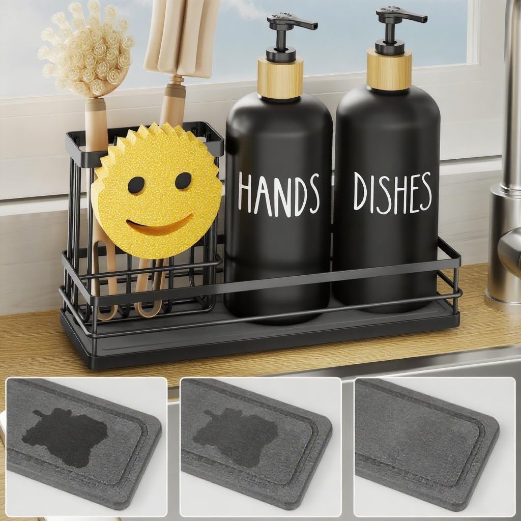 Moforoco Kitchen Dish Soap Dispenser Set, 16OZ Glass Bottle, Hand and Dish Soap Dispenser Set, Instant Dry Tray, Non-Slip Silicone Pad, Brush Holder with Smiley Face Sponge Holder?Black? Black Tray & Black Bottle