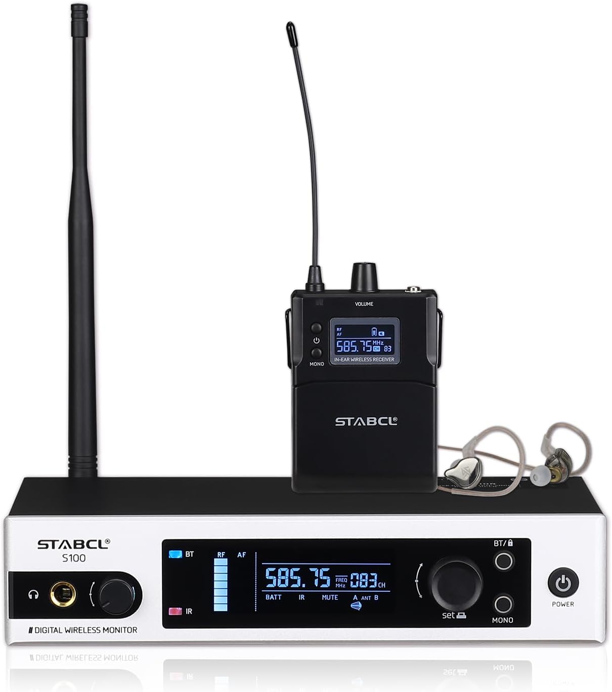Professional UHF Wireless in Ear Monitor System with Bluetooth, Stereo/Mono Wireless IEM System with Bodypack Receiver Single Channel for Stage, Band, Recording Studio, Live Performance