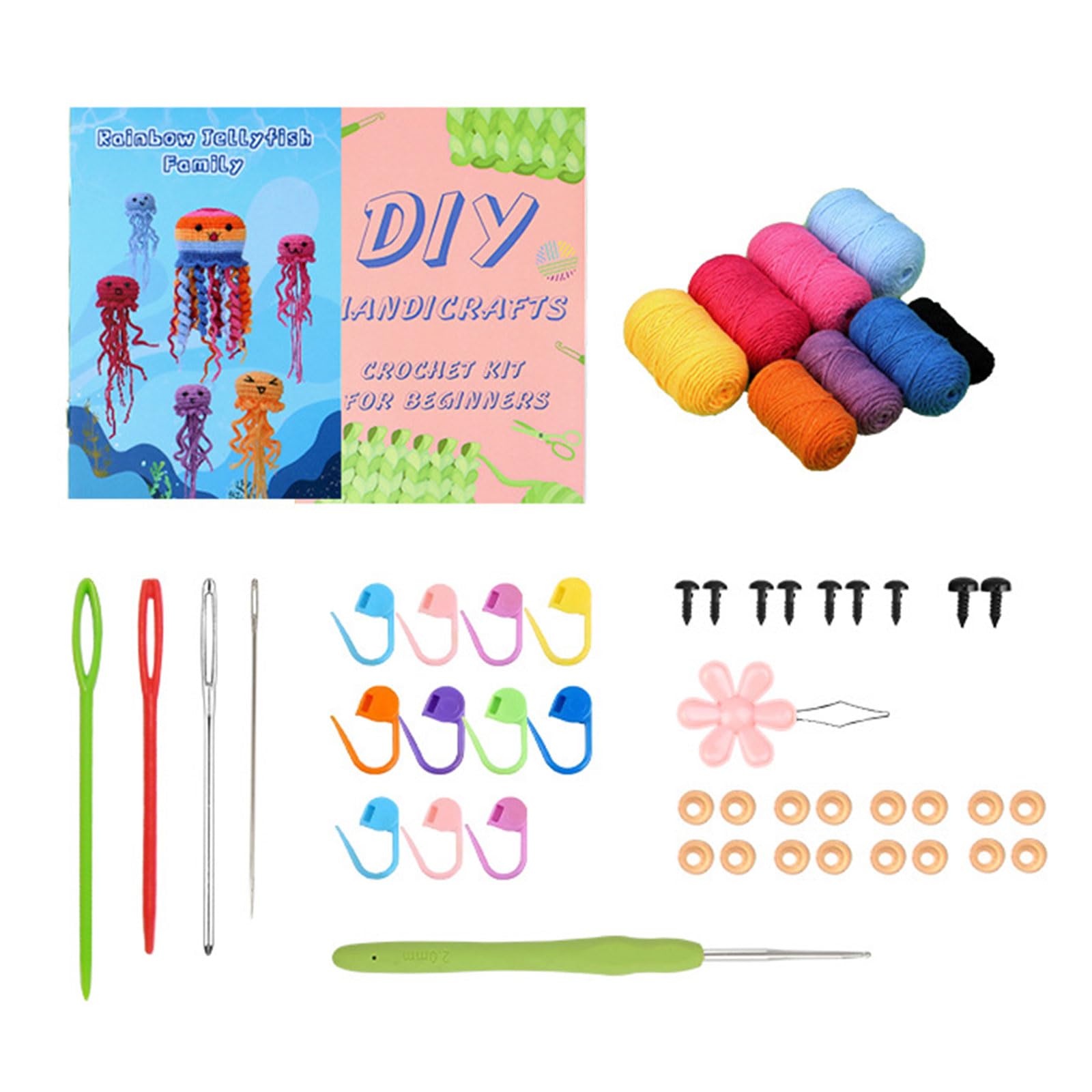 Hsioluted Jellyfish Crochet for Beginner, Crochet Starter with Yarn, Hook, Needle, Knitting Marker, Eye Materials