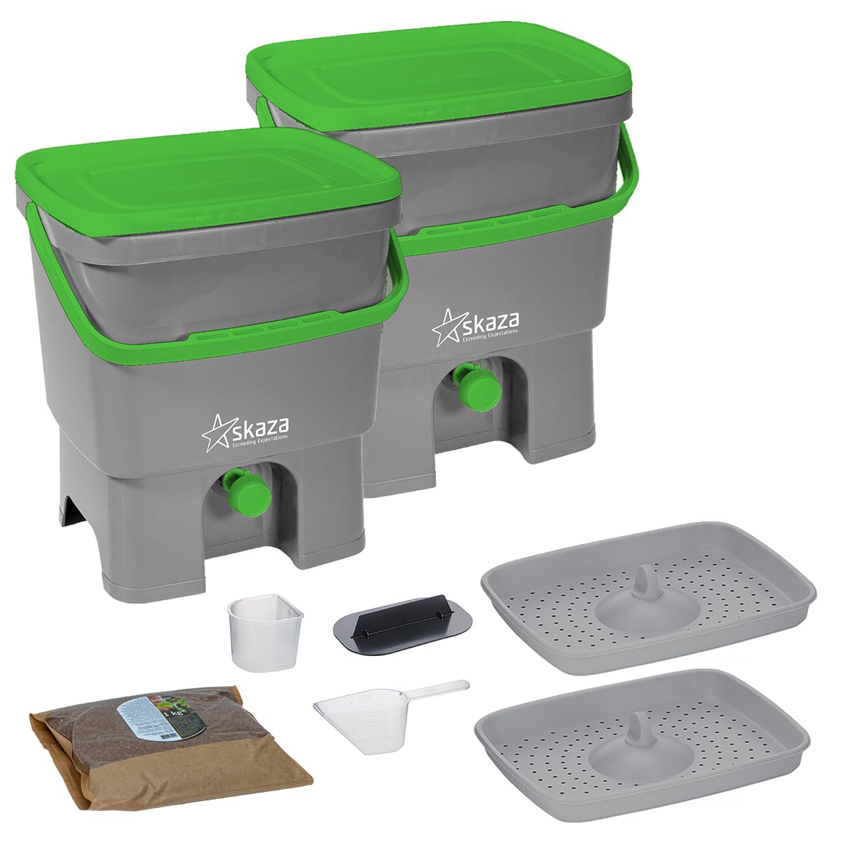 Skaza Bokashi Organko Biomülleimer Küche Set (2 x 16 Liter) – Komposteimer Küche und Garten – mit 1 Kg EM Fermentieren Aktivator (Grau-Grün)