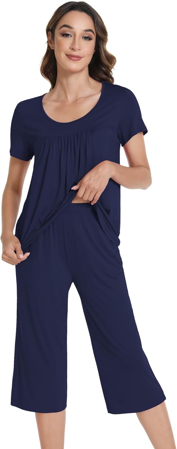 WiWi Pajamas for Women Soft Cooling Short Sleeve Sleepwear with Capri Pants Viscose from Bamboo Pjs Sets S-XXL - Image 3