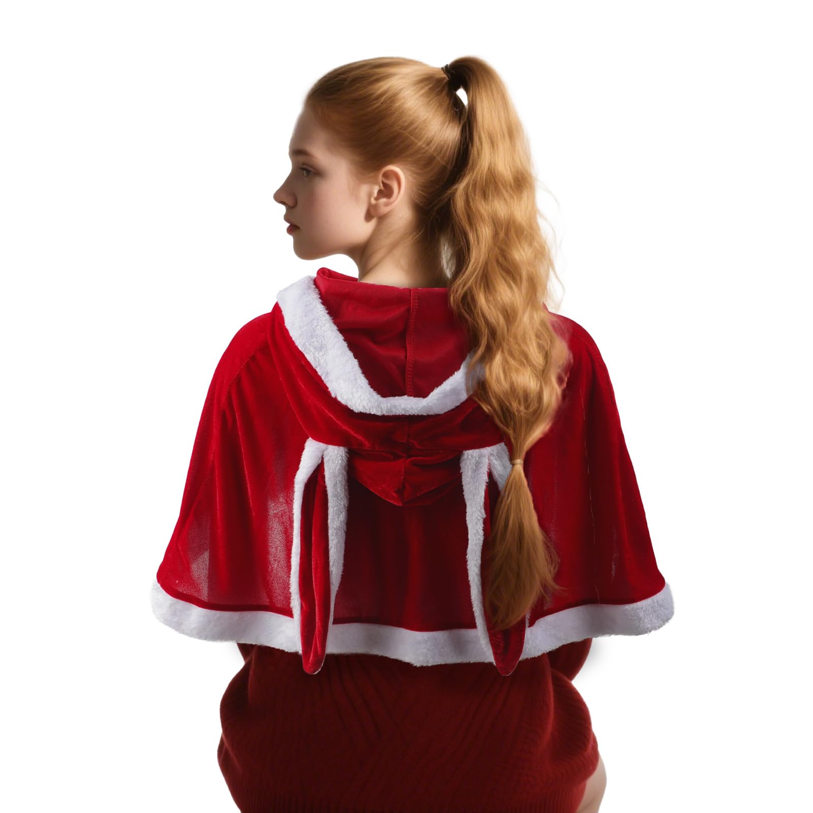 Moonlove Christmas Short Hooded Cape with Long Rabbit Ears Lovely Mrs Santa Claus Shawl Coat Festive Winter Wrap Outfit Halloween Costume Accessory Holiday Fancy Dress Party Red Cloak for Women