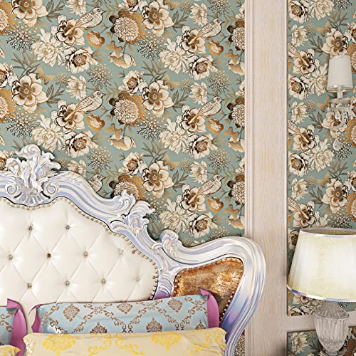 Image of ReWallpaper 44.5 cm x 7 m Photo Wallpaper Flowers Vintage Self-Adhesive Wallpaper Green Gold with Birds and Flowers Adhesive Wallpaper