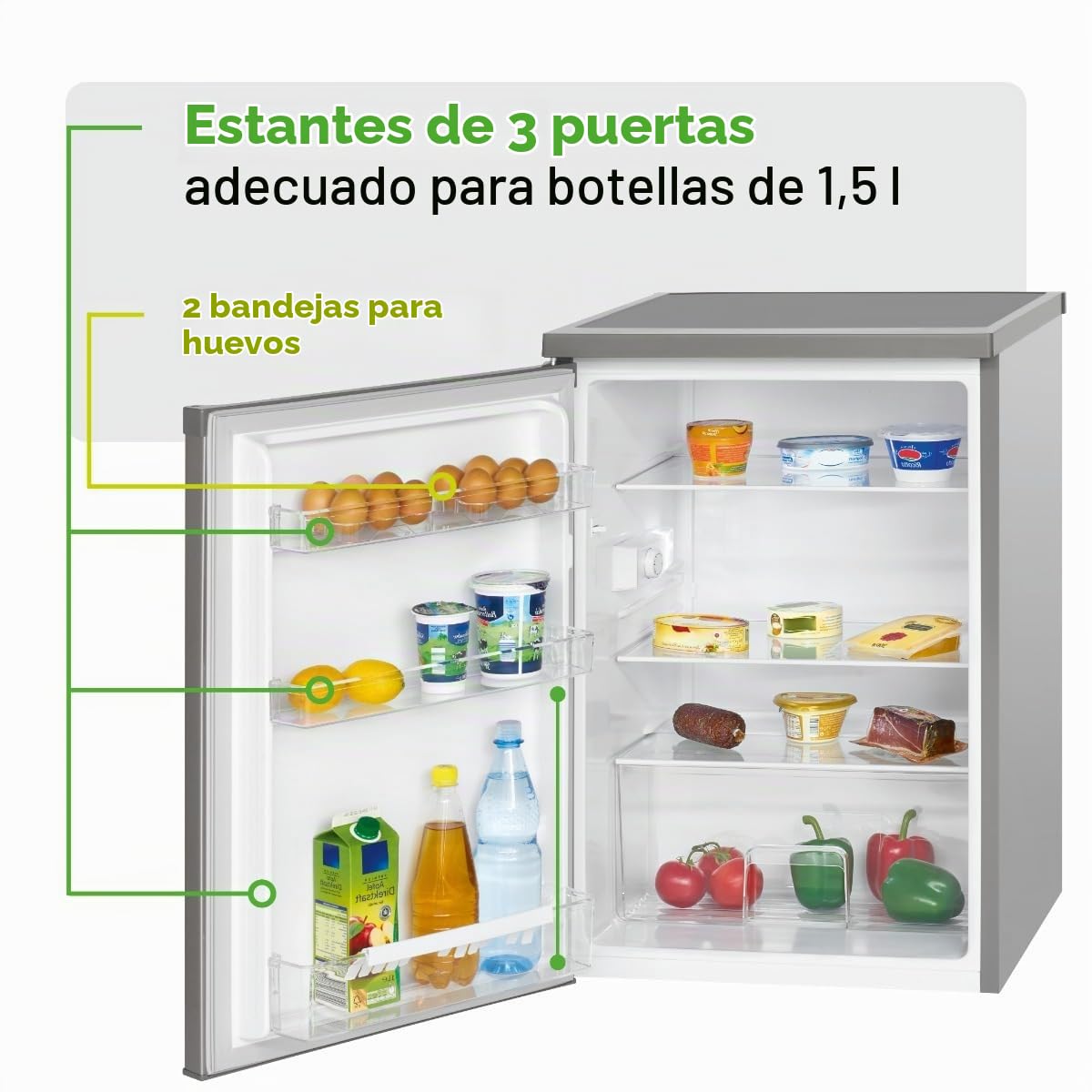 Bomann Nevera 133L acero inoxidable VS2185-1-inox, Capacidad neta: 133 litros, Iluminación interior LED, Control de temperatura continuo, 3 estantes de vidrio
