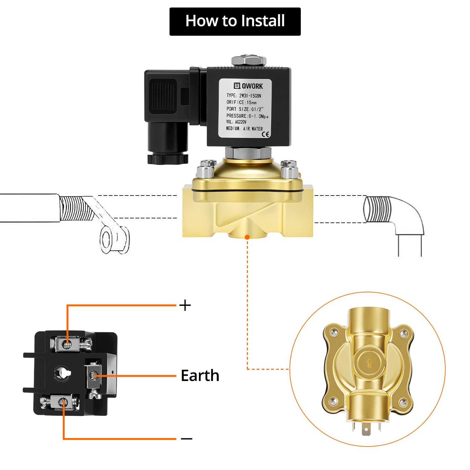 QWORK® Elettrovalvola G1/2" Elettrico in Ottone, 220V AC per Acqua, Aria e Olio"}