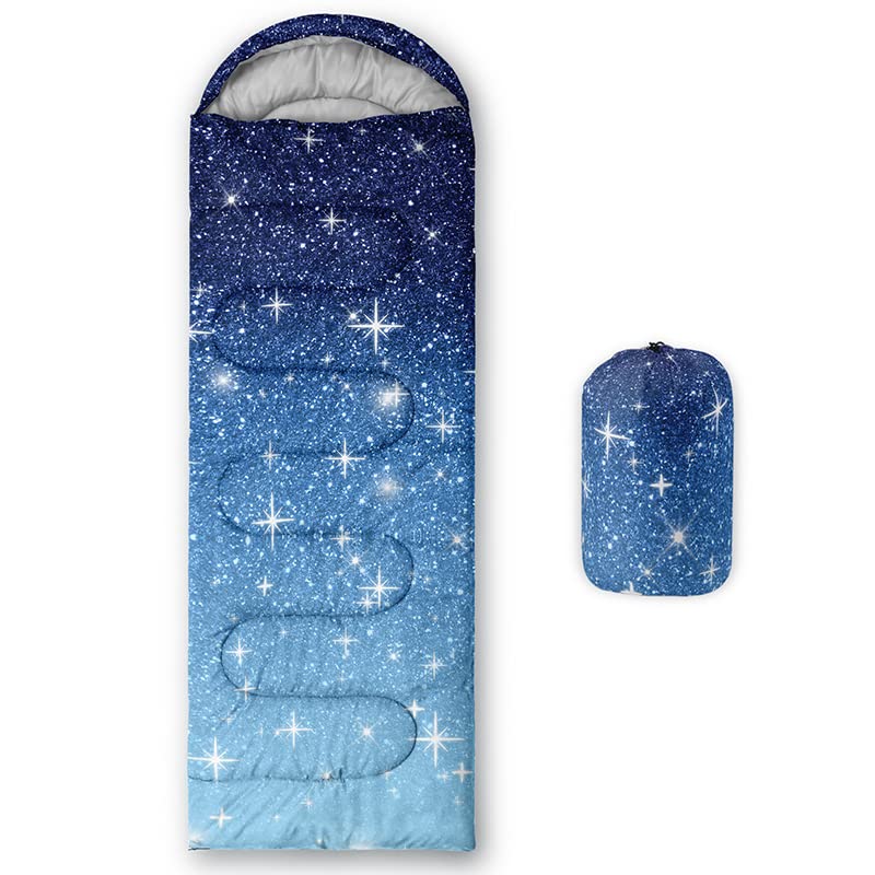 Datura home Kids Sleeping Bag for Boys and Girls,Blue Galaxy Glitter Star-Lightweight Warm Portable Outdoor Indoor-Waterproof Cold Weather Resistant Sleeping Bag for Camping Hiking(Star 32*90