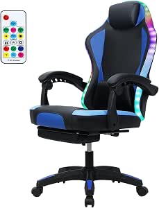 Blue RGB Gaming Chair with LED Lights, Footrest, Lumbar Support, and Massage