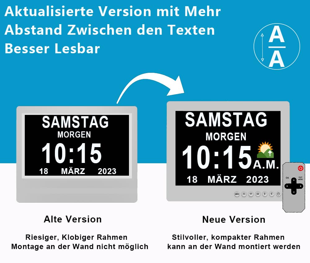 Véfaîî 2024 New, 8 Zoll Digitaler Wecker Wanduhr mit Fernbedienung 19 Alarme,Seniorenuhr Kalender und Foto-Funktion - für Senioren & Demenzkranke (z.B. Alzheimer)