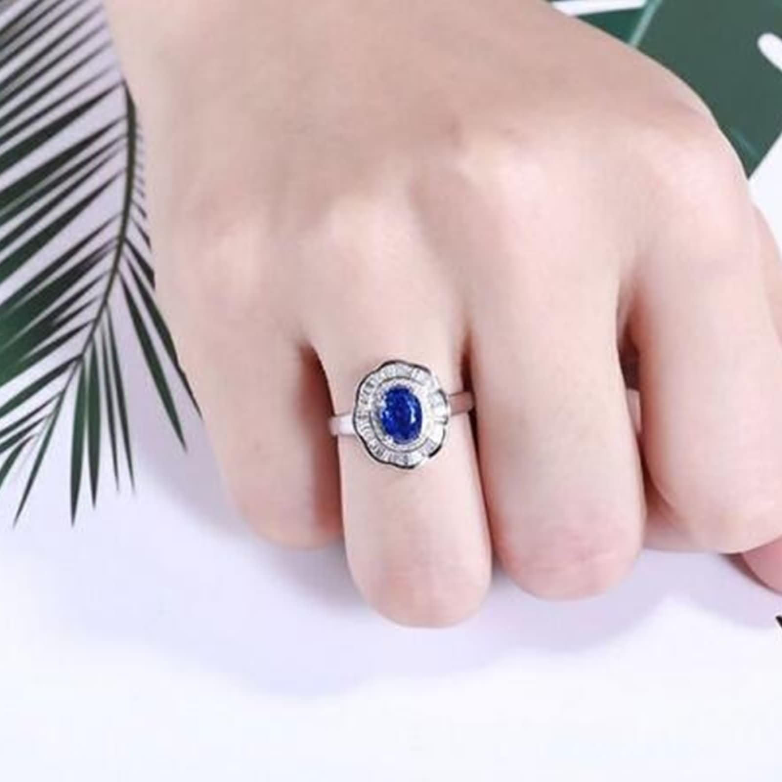 Beydodo Anillos de Compromiso Oro Blanco para Mujer 9 14 18 K con Oval con Zafiro Creado de 1.22ct y Moissanita, Anillo Mujer Boda Plata Azul