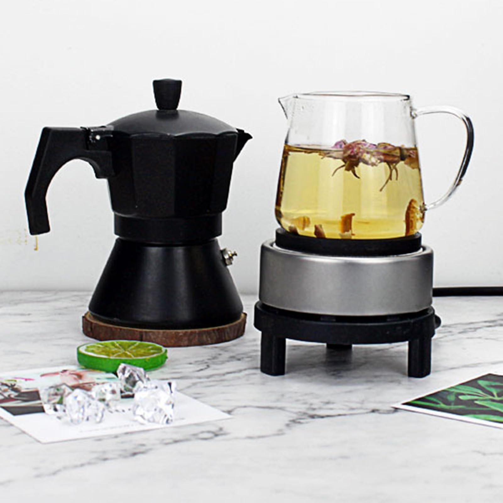 Elektrische Kochplatte 300W, Mini-Herd mit Gusseisenbrenner, tragbare Heizplatte für Tee- und Kaffeekanne, hitzebeständige Glaskanne, multifunktional für Zuhause und unterwegs