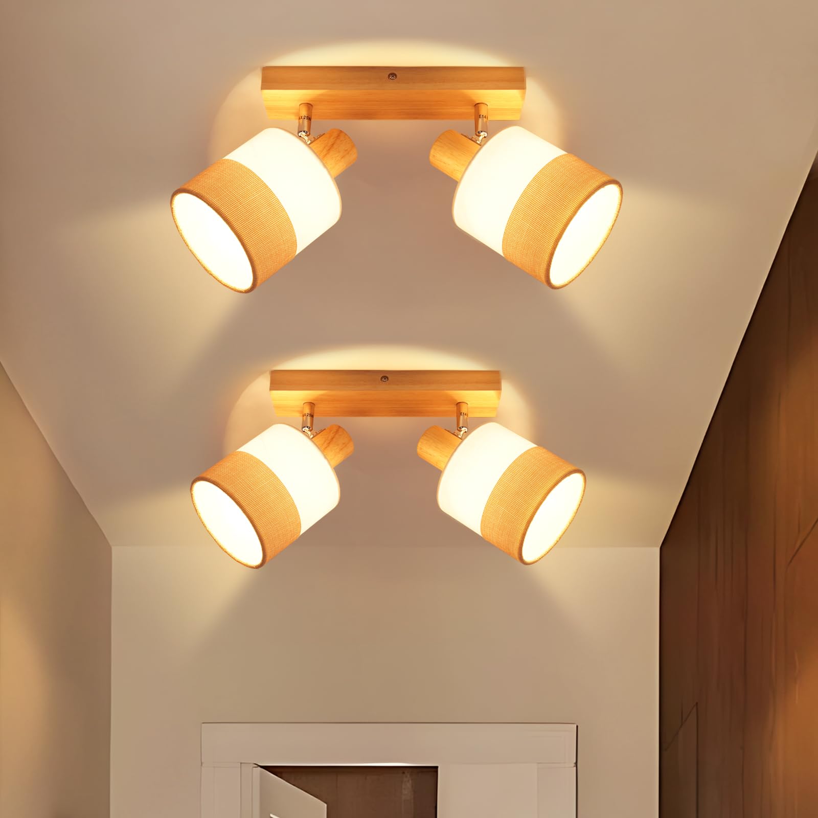 Glitzerlife LED Deckenlampe 2 Flammig Deckenstrahler - 2ER Flurlampe Holz E14 Deckenleuchte Vintage Stoff Schwenkbar 350° Retro Deckenspot Strahler Schlafzimmer Küche, Ohne Leuchtmittel