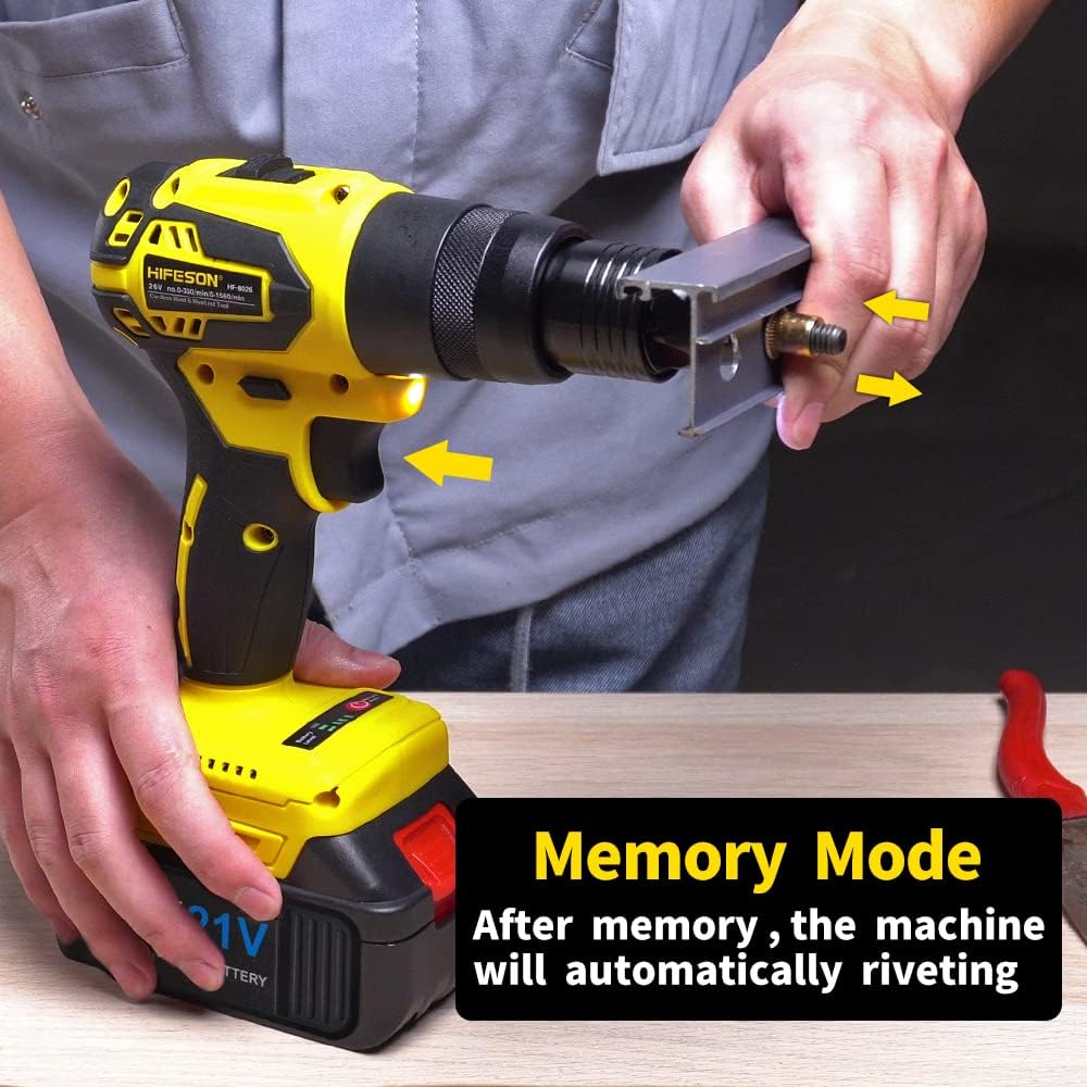 HIFESON Cordless Rivet Gun Tool, 21V Electric Automatic Rivet & Rivet nut Two Functions Professional Kit with 2pcs Battery & Charger (3/16", 5/32", 1/8" for Rivet),(1/4",5/16",3/8" for Rivet nut)