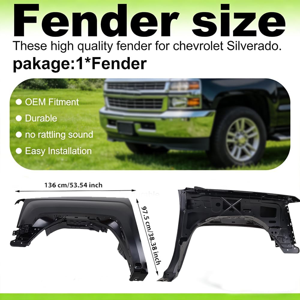 SLTY Front Fender Left Driver Side Primed Steel Assembly Compatible With Che-vy Silverado 1500 2500HD 3500HD, 2014-2018 Chevy Silverado 1500 2015-2019 Silverado 2500 HD 23303551 GM1240385