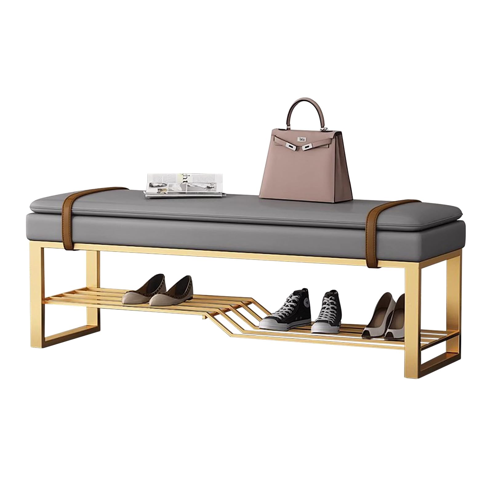 Porte-chaussures étagère en métal doré avec assise capitonnée gain de place