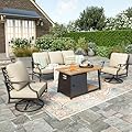 HERA'S HOUSE 4 Pieces Patio Furniture Set with Fire Pit Table, 2 x Swivel Cushioned Chair, 3-Seat Sofa with 46" Wood Like Fire Pit Table, Outdoor Conversation Set for Garden, Poolside, Backyard