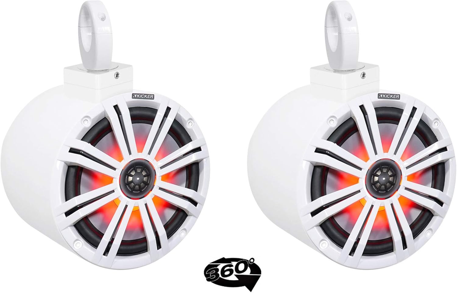 (2) Kicker KM8 8" LED 360 Swivel White Aluminum Wakeboard Tower Speakers