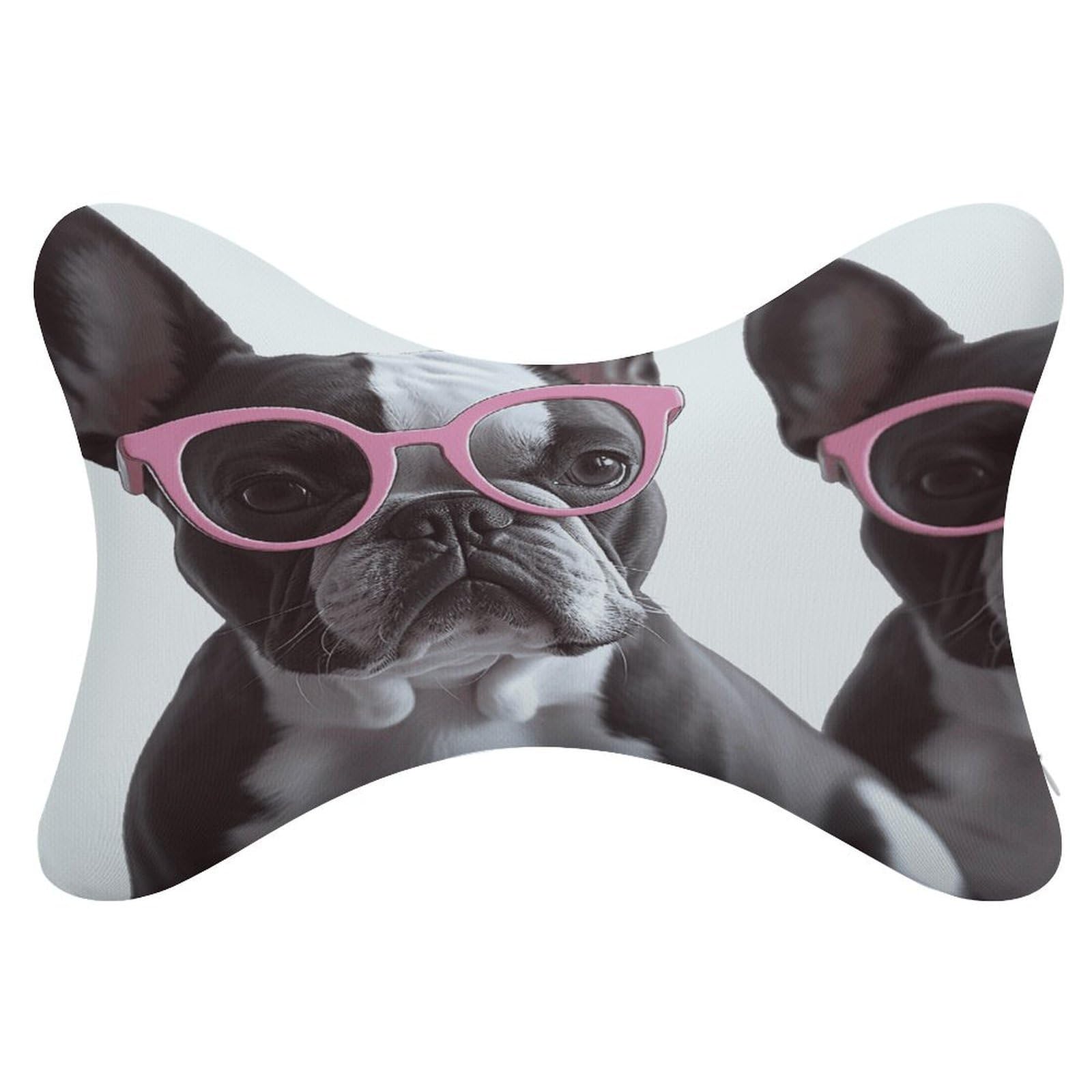 VstaDank French Bulldog Pink Glasses Car Neck Pillows 2 Pack Removable Ergonomic Cervical Support Pillow Fashion Cozy Bone Shaped Pillows Soft Car Headrest Pillow for Office Airplane Most Car