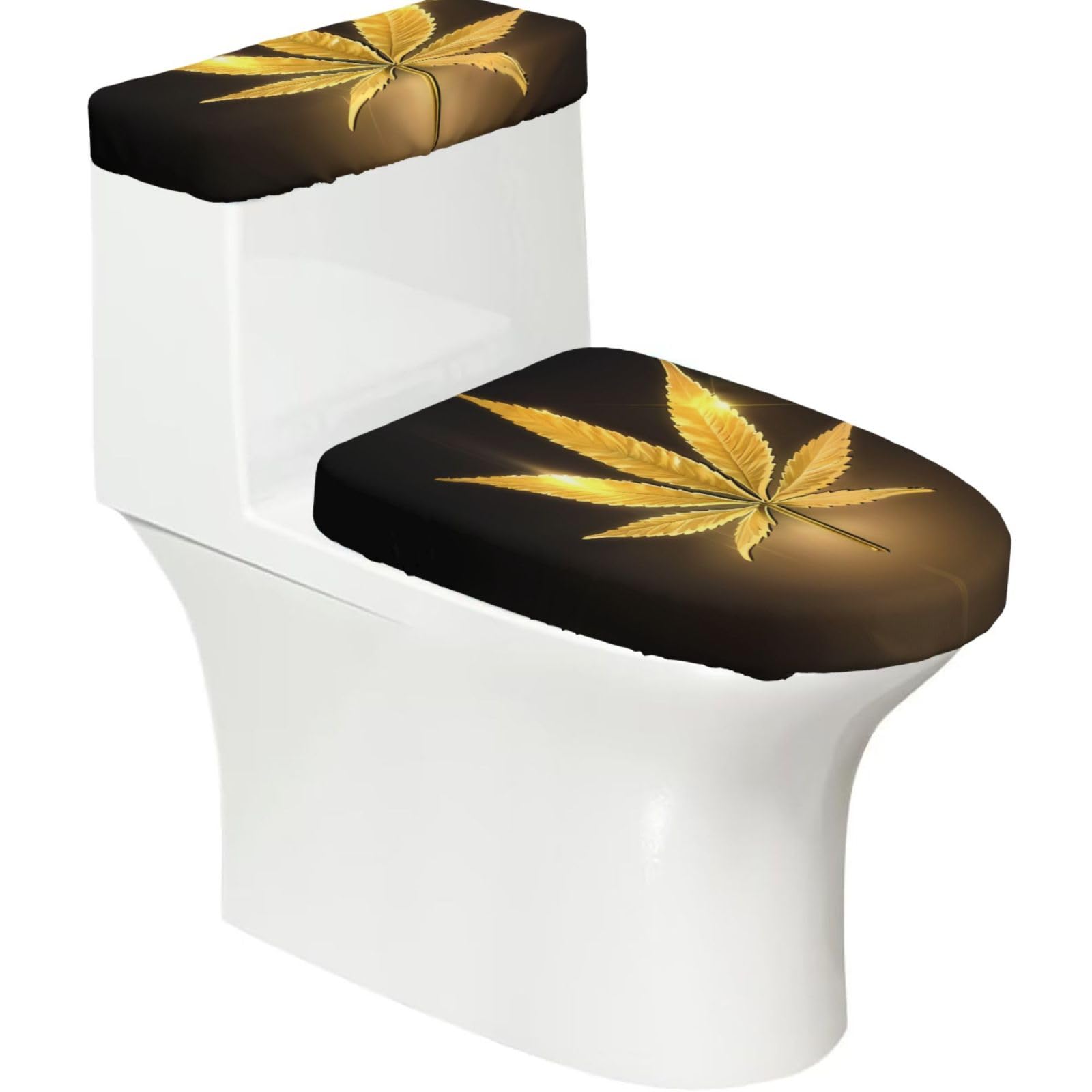 Golden Cannabis 2-Piece Toilet Seat Cover Set with Tank Lid - Elastic for U-Shape & Elongated - Bathroom Decor