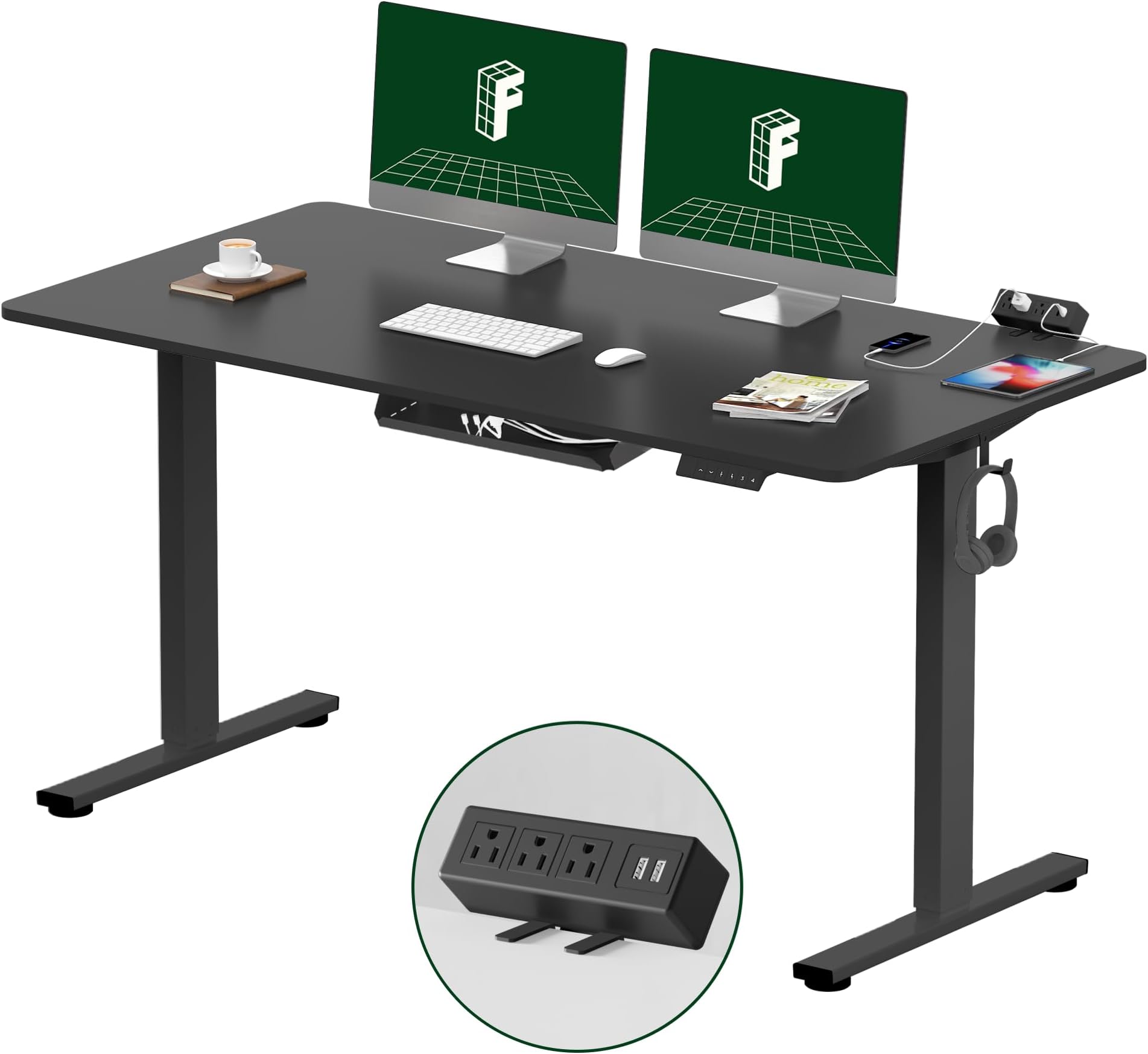 EN2 Whole-Piece Standing Desk with Clamp Power Strip, 55 x 28โ Electric Stand Up Height Adjustable Desk with Cable Management (Black Frame + 55" Black Top, 2 Packages) | Whole-Piece Desktop, Easy-Access Clamp Power Strip, Organized Cable Management, Modern Home Office Setup