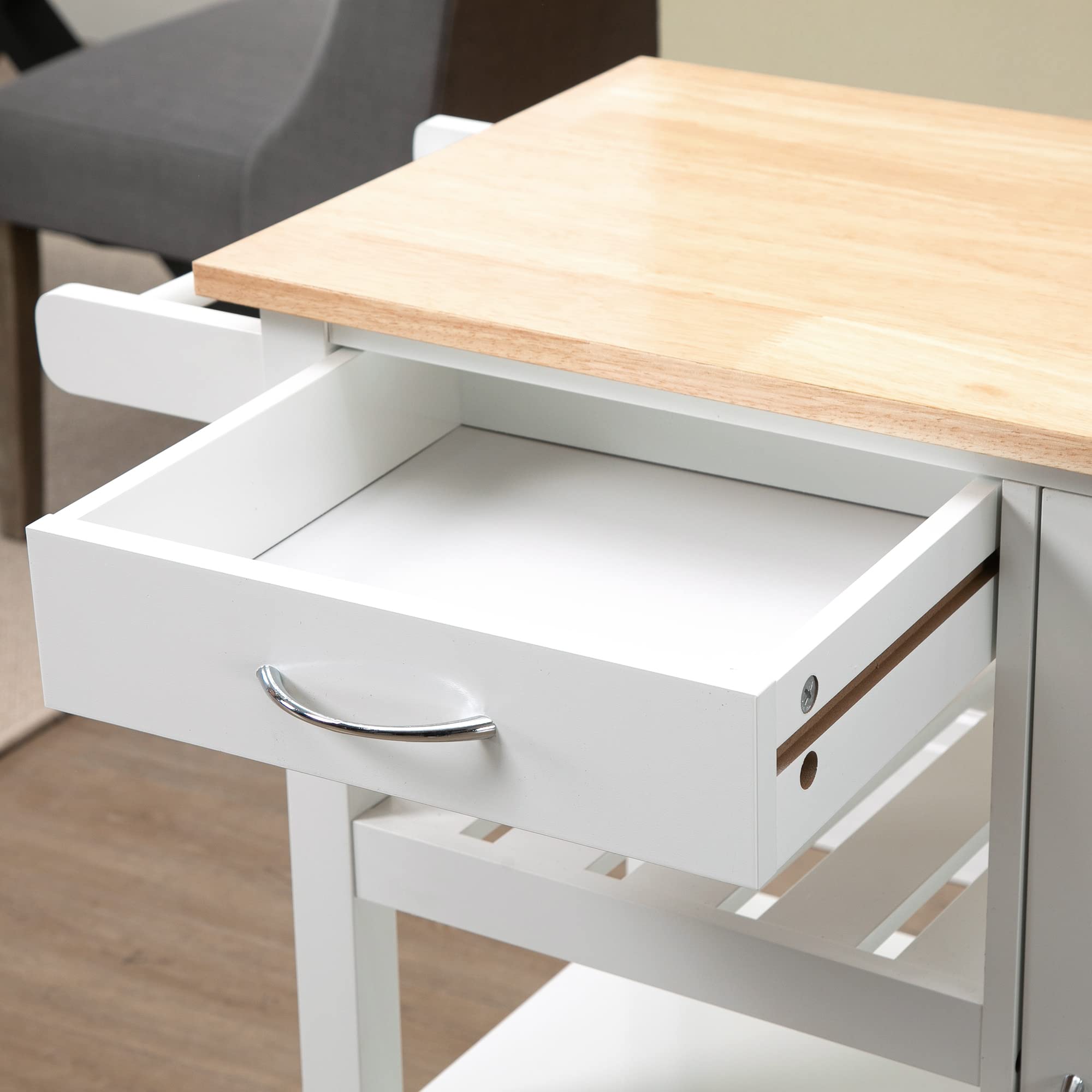HOMCOM Carrello da Cucina con Ruote Credenza Salvaspazio 92x40x84 cm Bianco | 1 Cassetto, 1 Armadietto, 1 Ripiano Aperto a 3 Livelli, 1 Portasciugamani, in MDF e Acciaio