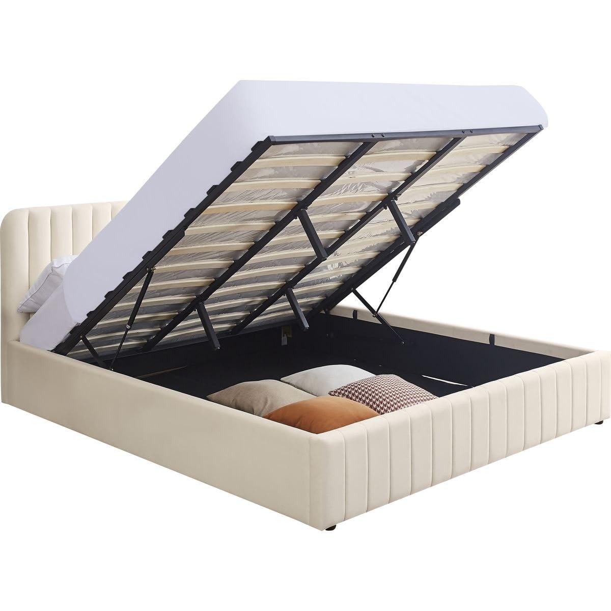 HOMIFAB Lit Coffre Adulte 160x200 cm avec tête de lit capitonnée en Velours Beige - Ava