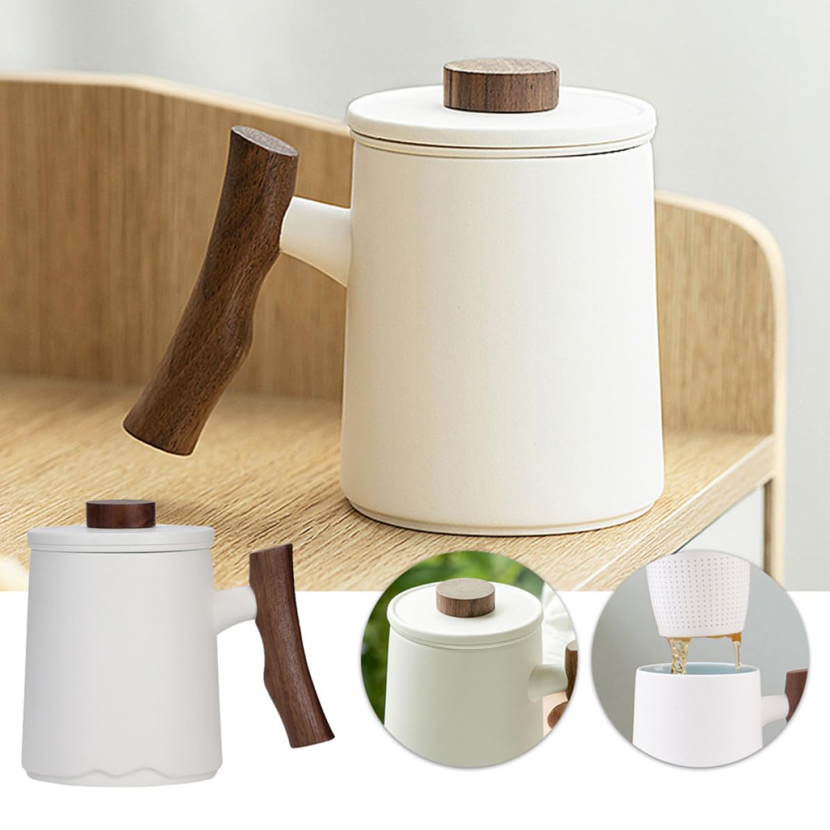 SOLUSTRE Taza de Cerámica Diseño Elegante y Minimalista y Mango de Madera de 360ml con Filtro para Infusiones para Diversas Ocasiones