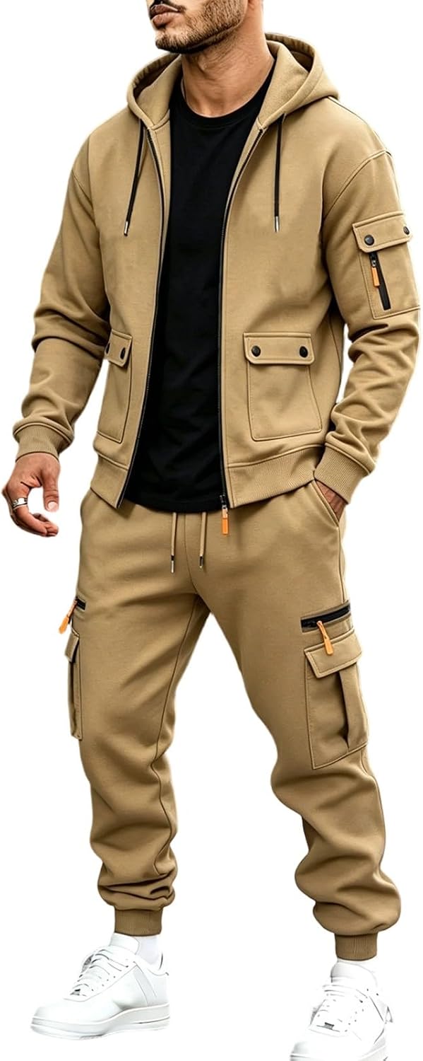 Men's Full Zip Loose Hooded Jackets with Straight Leg Cargo Sweatpants Athletic Casual Tracksuit Sets