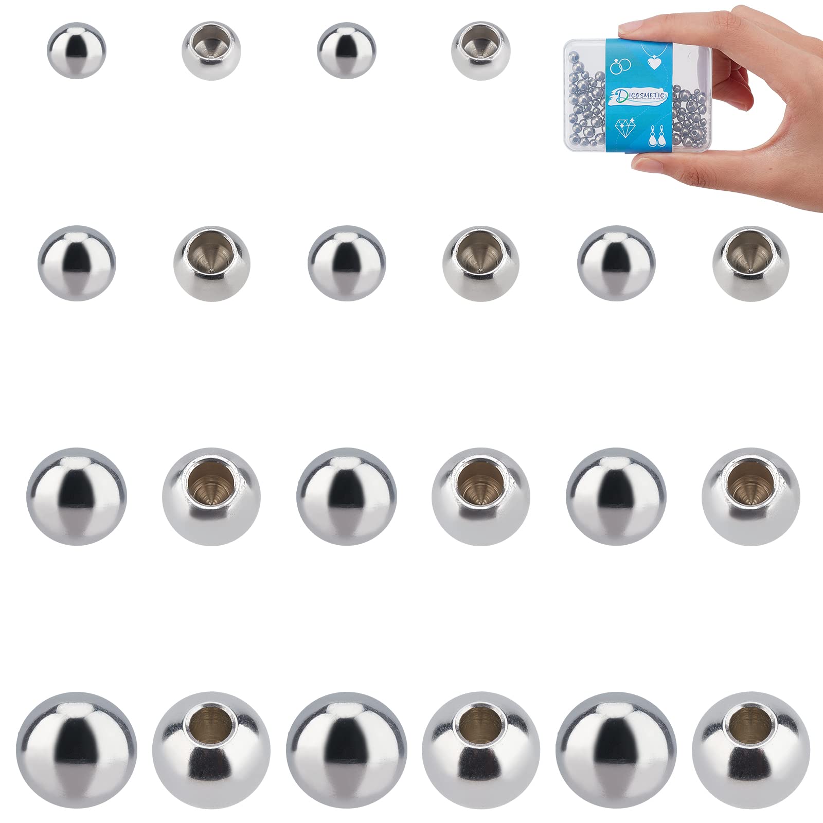 DICOSMETIC 120Pcs 4 Sizes Memory Wire End Caps Stainless Steel Bead Cord End Caps Round Half Drilled Beads Ball Cord Terminators for Jewelry Making DIY Crafts, Hole: 2mm