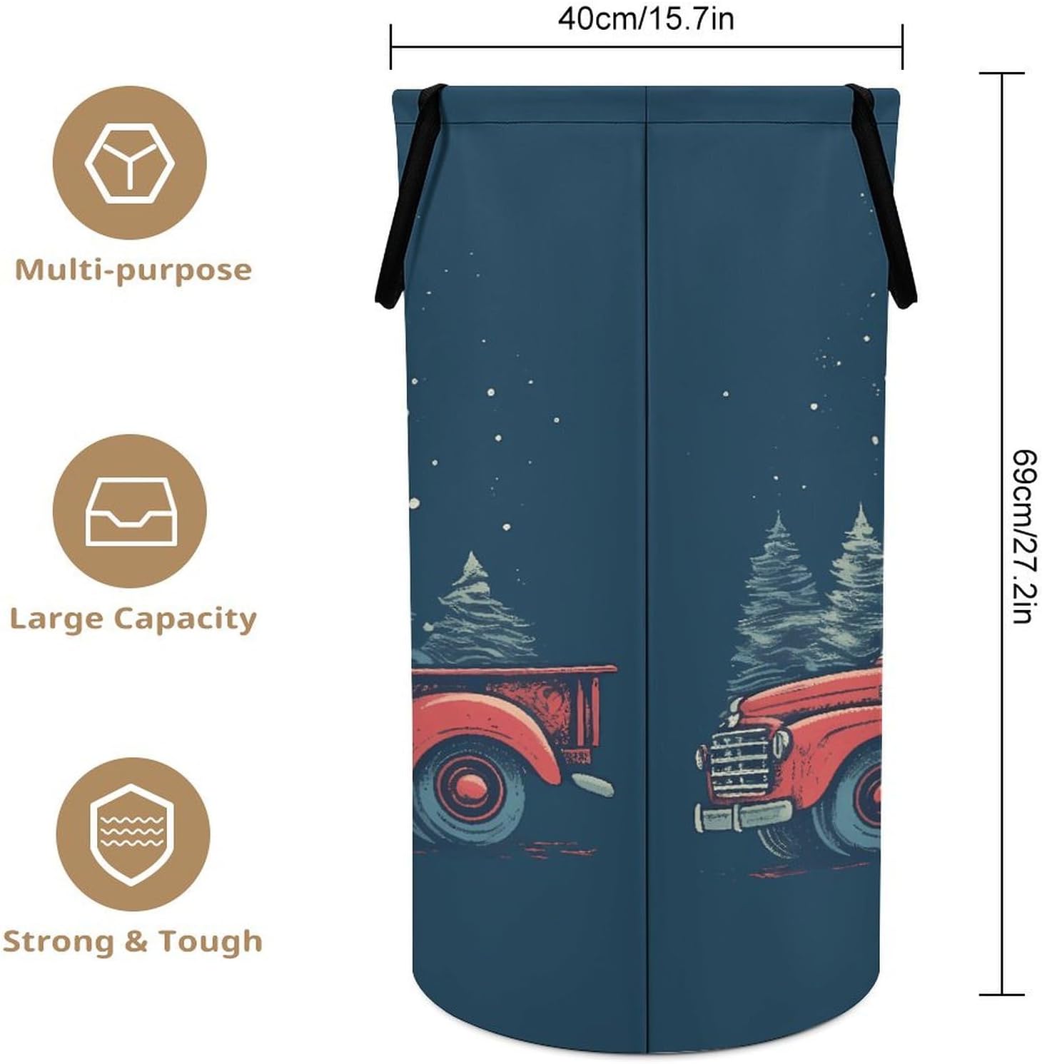 Large Laundry Basket Red Truck with Christmas Tree Dirty Clothes Hamper Collapsible Waterproof Laundry Hamper with Handles Freestanding Toy Blanket Storage Basket for Bedroom Bathroom
