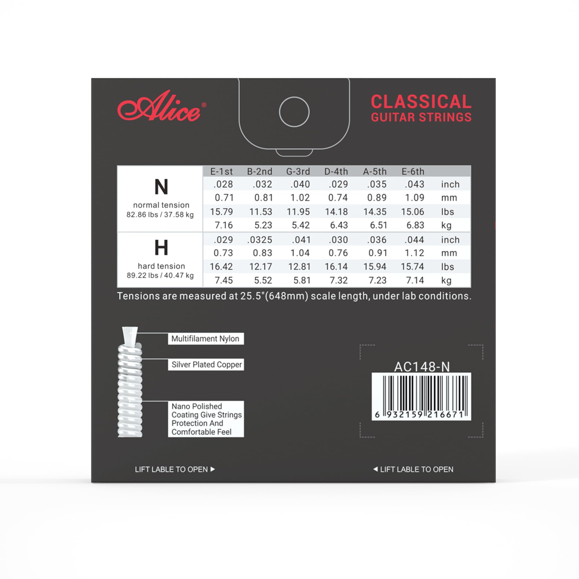 Classical Guitar Strings Alice - Normal Tension 6-String Set, Silver ...