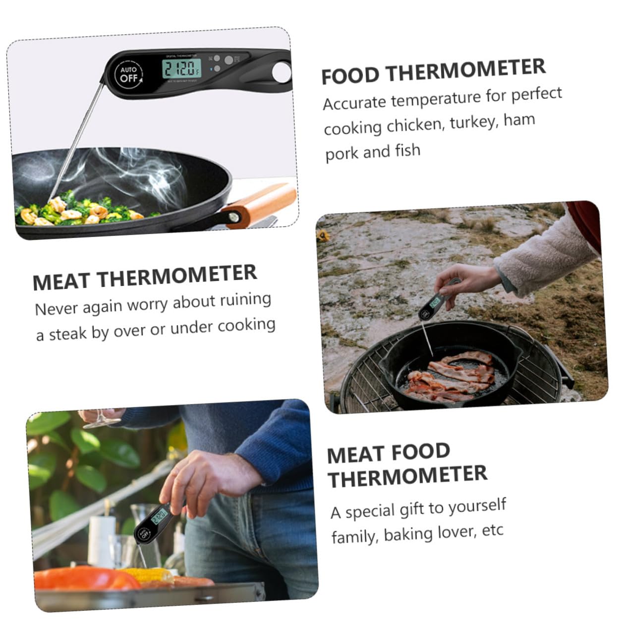 Cabilock 3 Piezas Termómetro De Barbacoa Termómetro Para Carne Freír Parrilla De Comida Termómetro De Alimentos Termómetro Digital Termometro De Carne De Cocina Abdominales Black