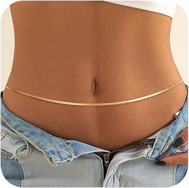 CHESKY 14K Gold Plated Silver Plated Waist Chain for Women, Layered Belly Belt Chains Beach Waist Beads Chain Waterproof Snake Cuban Body Chain Summer Jewelry Accessories for Women