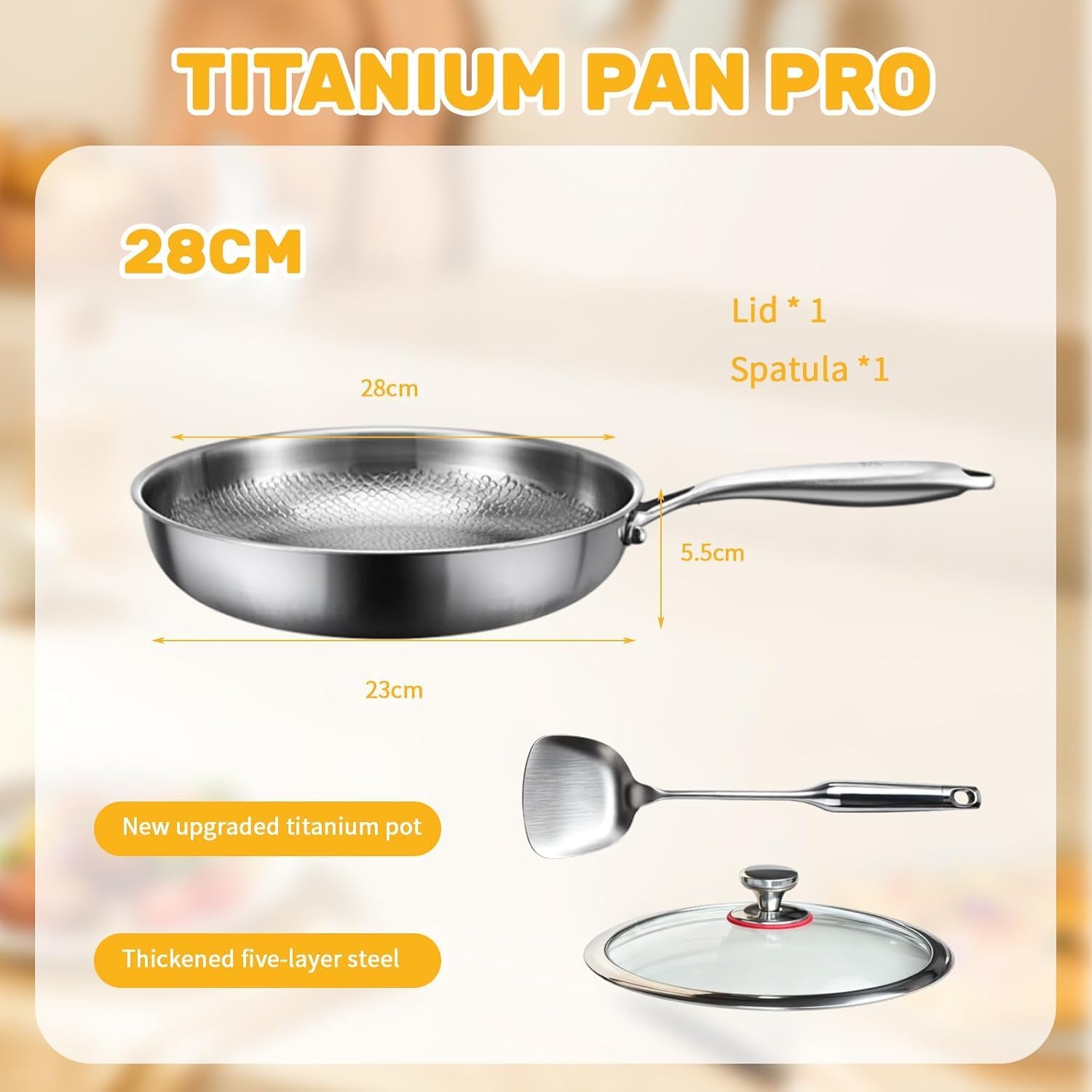 Pure Titanium Pan 28cm Titanium Hammered Pattern Fry Pans for Cooking, Scratch-Resistant Non Stick Dishwasher-Friendly Hammered Pan Pro with Lid, Compatible with All Cooktops (28 cm)