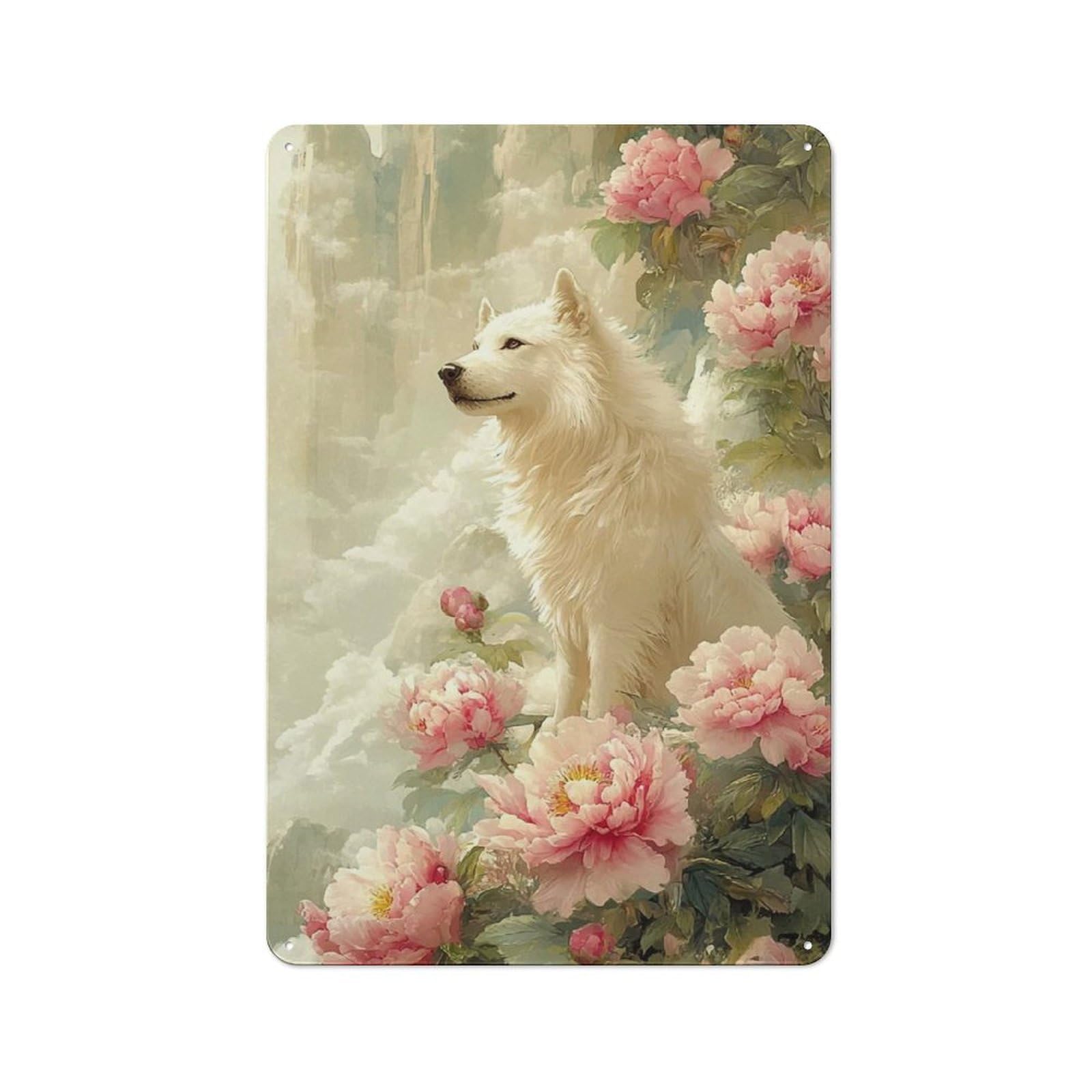Junmoney Style-23 Metal Gift Sign With White Wolf And Peonies Design 30X20cm, Character Room Wall Plaque For Flat, Dorm Room, Lounge Or Cafe