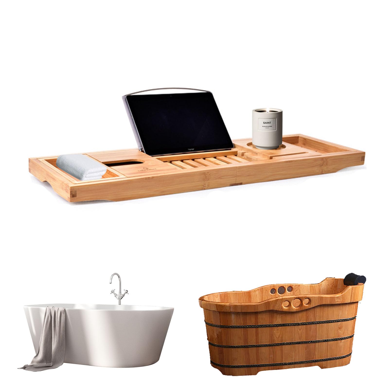 Bandeja Bañera Bambú Extensible con Soporte Tableta & Ranura Sujeción, Bandejas de Baño Ampliable Retráctil 150cm, Accesorios Bañera Organizador Baño Plegable para Mayoría de Bañeras (Natural)