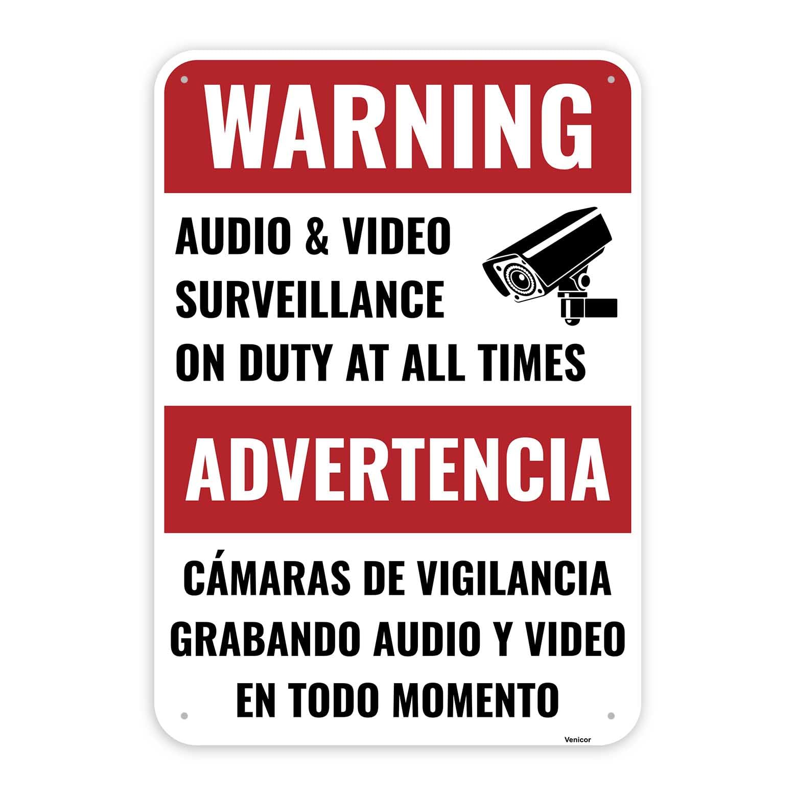 Bilingual Surveillance Aluminum Sign, Property Protected & Recorded, 12x8 Inch