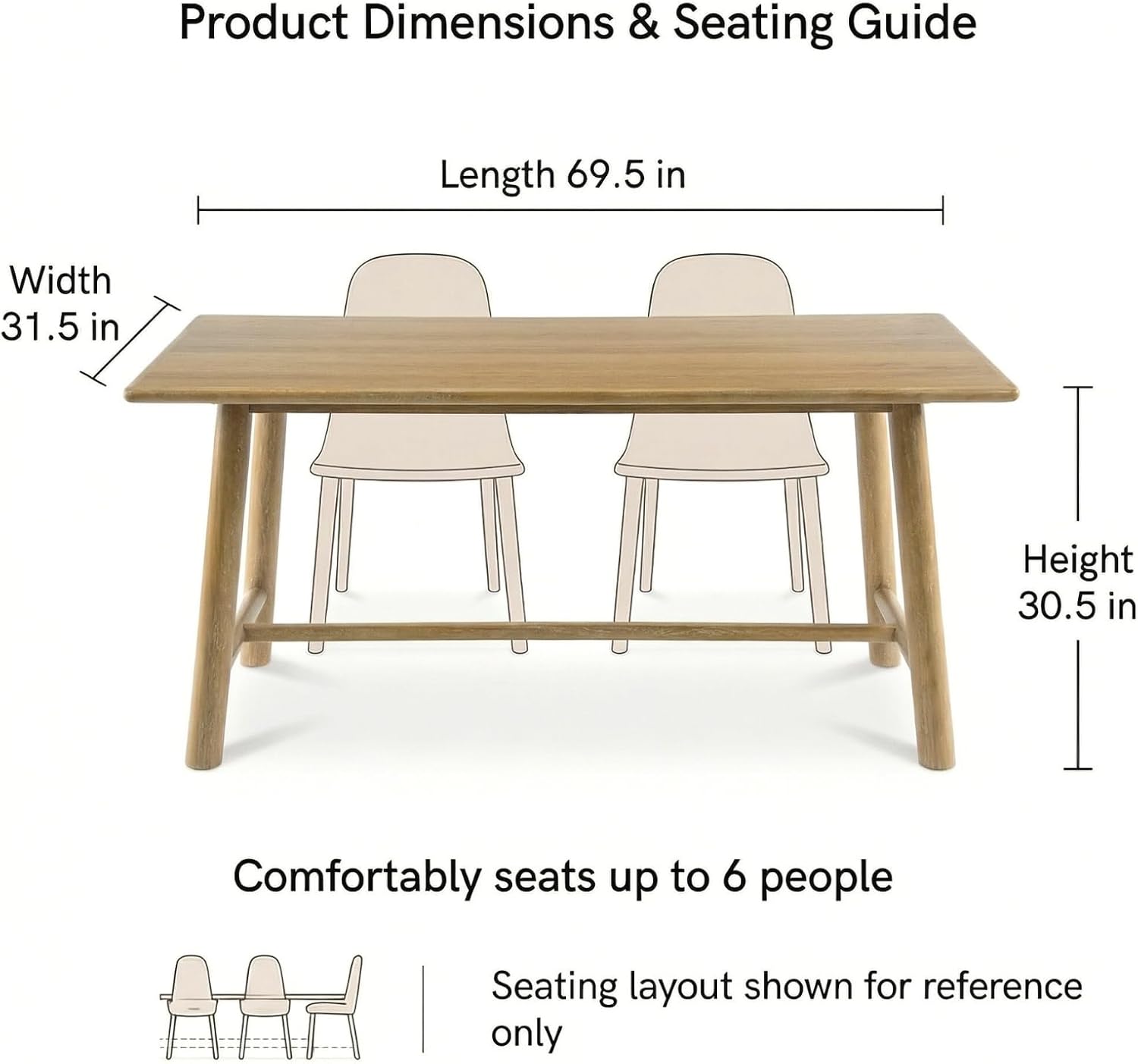 Natural Dining Table, 69" Wood Kitchen Table with Solid Wood Legs, Seats 46, Modern Farmhouse Dinner Table for Dining Room Home Office