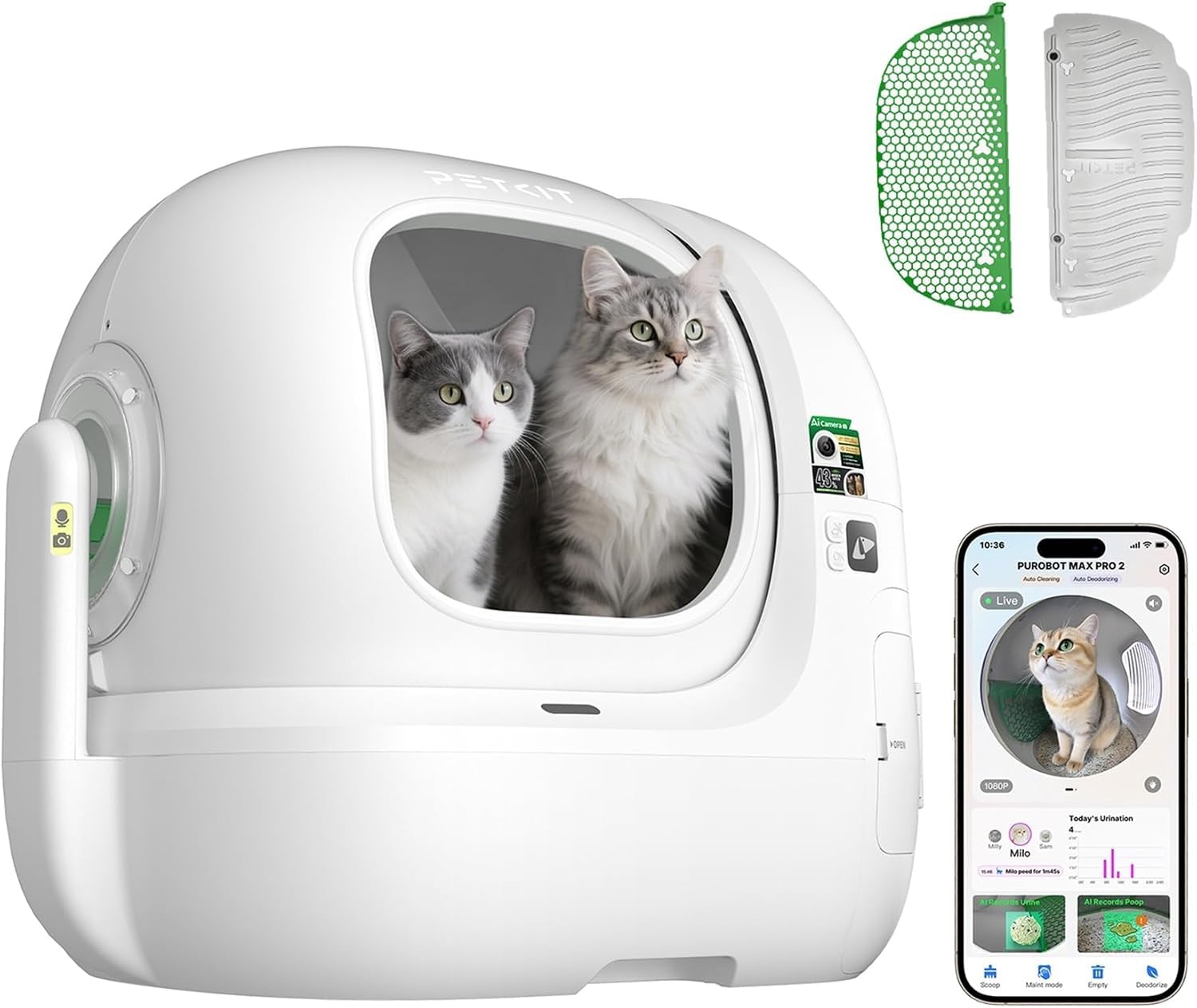 PETKIT PUROBOT MAX PRO 2 Lettiera Gatto Autopulente, Fotocamera AI, Ingresso Ultra Largo, Visione Notturna 210°, App WiFi 2,4/5GHz, Imballaggio Senza Contatto, Monitoraggio Salute, Multi-Gatto
