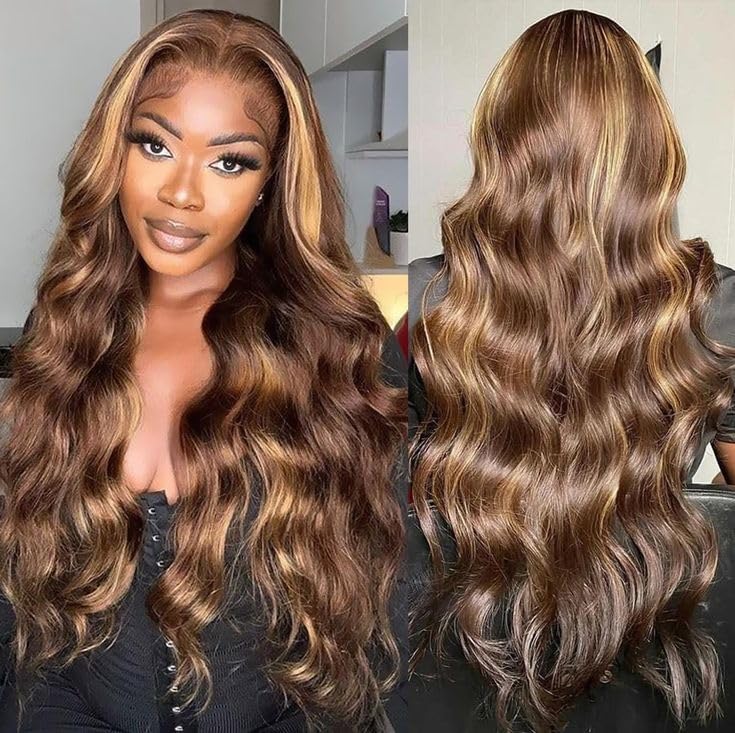 Honey Blonde Ombre Lace Front Wig Human Hair Highlight Wig Human Hair 4/27 Colored Body Wave HD Lace Frontal Wigs Human Hair Pre Plucked 200 Density Glueless 13X6 Lace Frontal Wig for Women(22 Inch)
