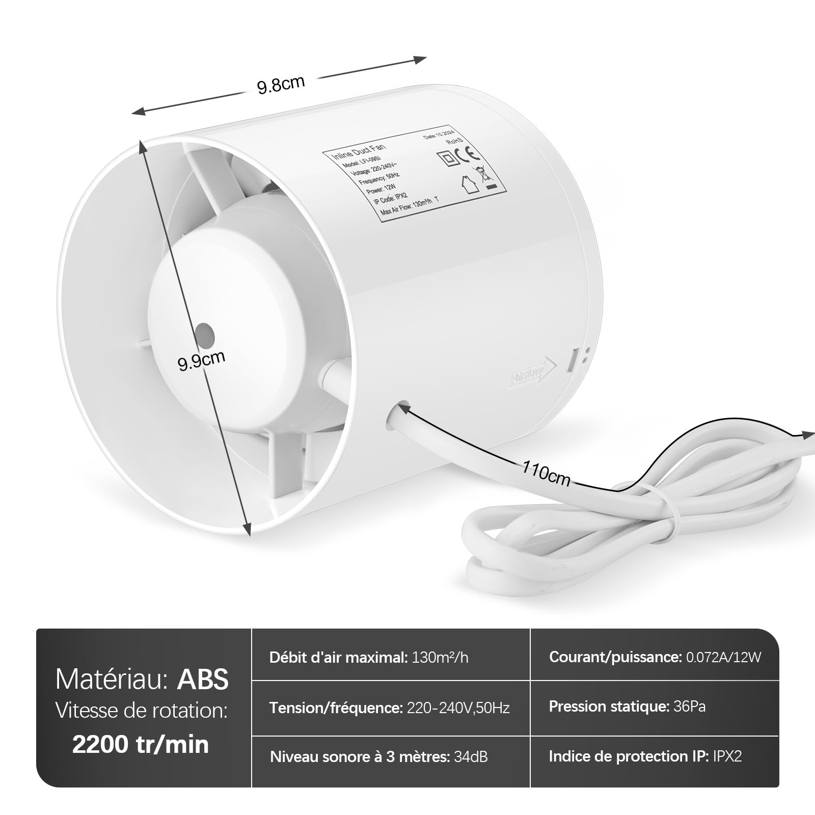 Extracteur D'air 100mm, Extracteur Dair 130 m³/h, 34dB Leise, Extracteur Air D'air Salle de Bain pour Cuisine, WC, Serre, Tente de Culture, Garage