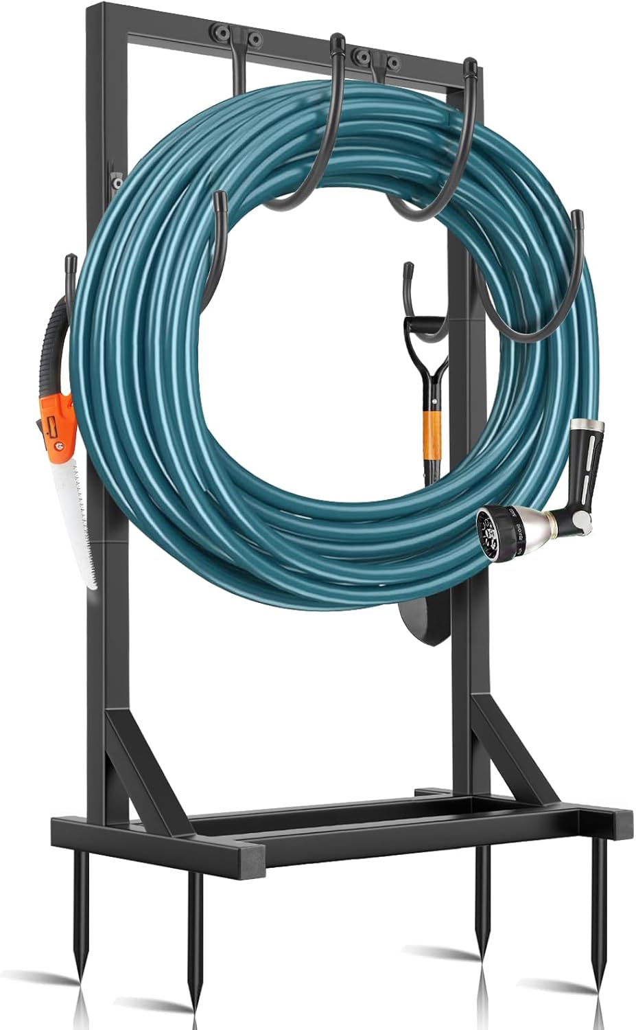 BOLITE Garden Hose Holder, Water Hose Holders for Outside with 4 Spikes and 2 Tool Hooks, Heavy Duty Metal Hose Hanger Holds 150-feet Hose, Freestanding Hose Storage Rack for Outside Yard Lawn Farm
