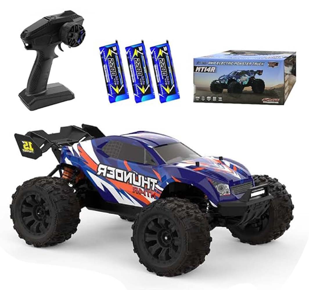 100 km/h Auto Telecomandata con Motore Brushless, 1:14 Camion Monster RC ad Alta Velocità Fuoristrada per Adulti, 4WD Tutto Terreno Auto RC, 3 Batterie (Blu)