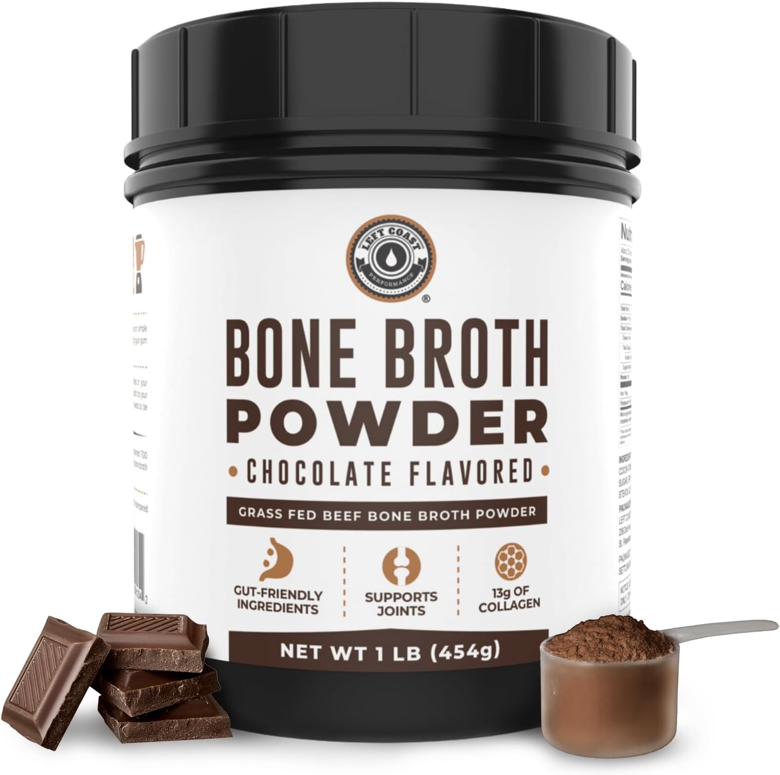 Left Coast Performance Bone Broth Protein Powder Chocolate 470ml, Grass Fed - Non-GMO, Gut-Friendly, Dairy Free Protein Powder,