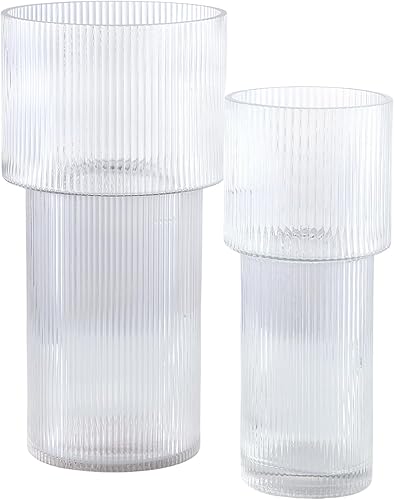 YANWE1 Jarrón grande de vidrio, florero de vidrio de 12 pulgadas de alto, florero para ramo, jarrón de vidrio acanalado, jarrón de vidrio estriado,