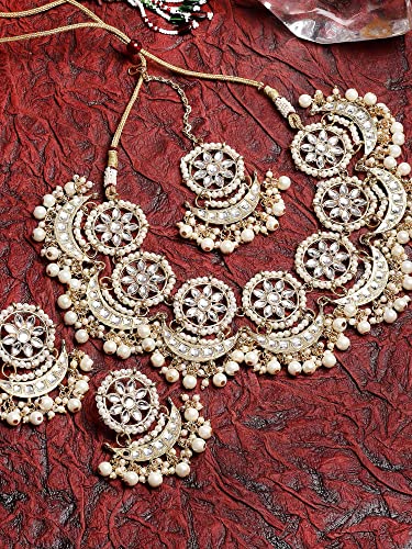 Image of Karatcart Gold Plated Pearl and Drop Kundan Studded Choker Necklace Setfor Women