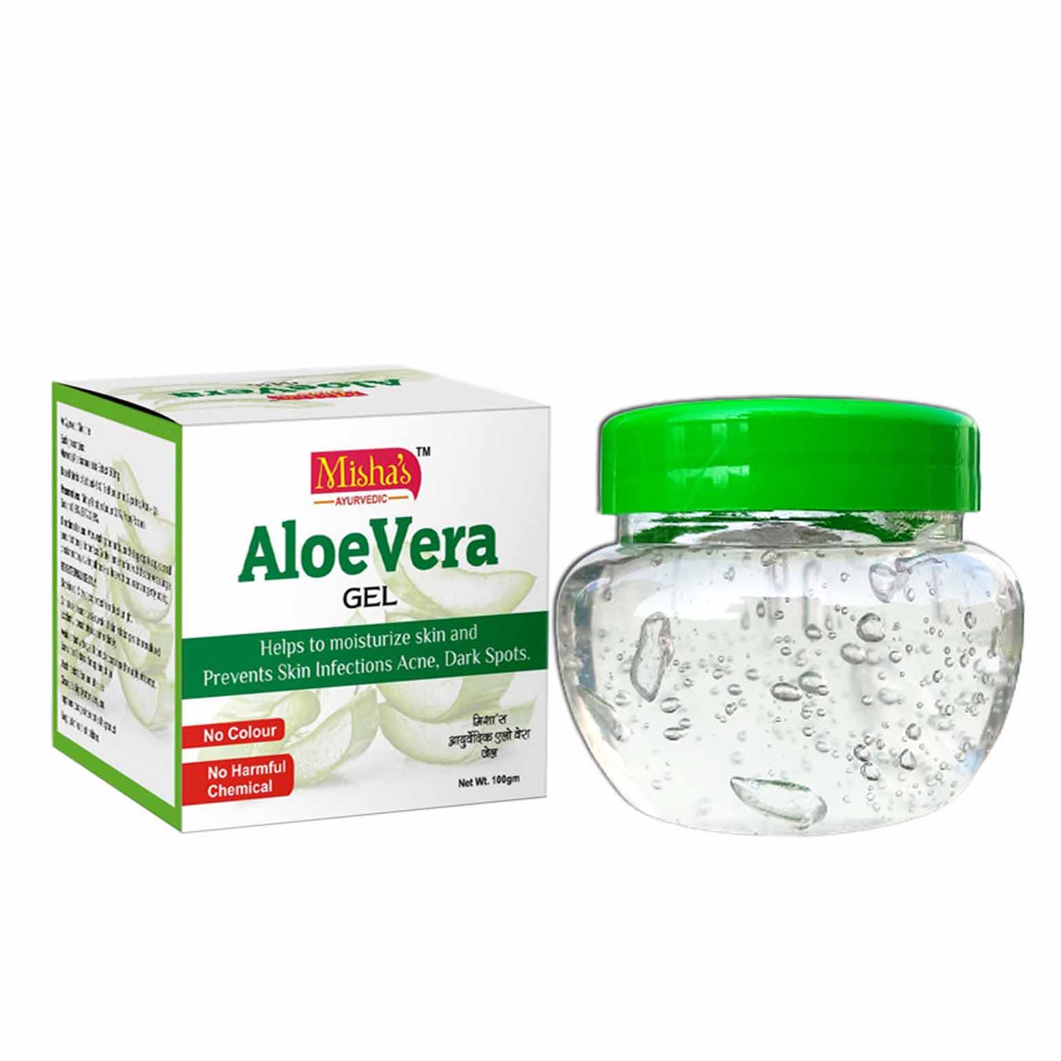Misha's Ayurvedic Pure MI ALOE Gel Crystal Clear Transperent, without Color for Acne, Scars, Sun Burn, Glowing & Radiant Skin Treatment-100 GM, Pack of 2
