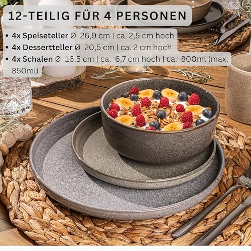 SÄNGER Kairo | Tafelservice 12 teilig, Steingut Geschirr Set 4 Personen, 4x Speiseteller 4x Dessertteller 4x Schalen Geschirrset & Schale mehrfarbig, Teller Set mix, Tiefe Teller | VALUE COLLECTION